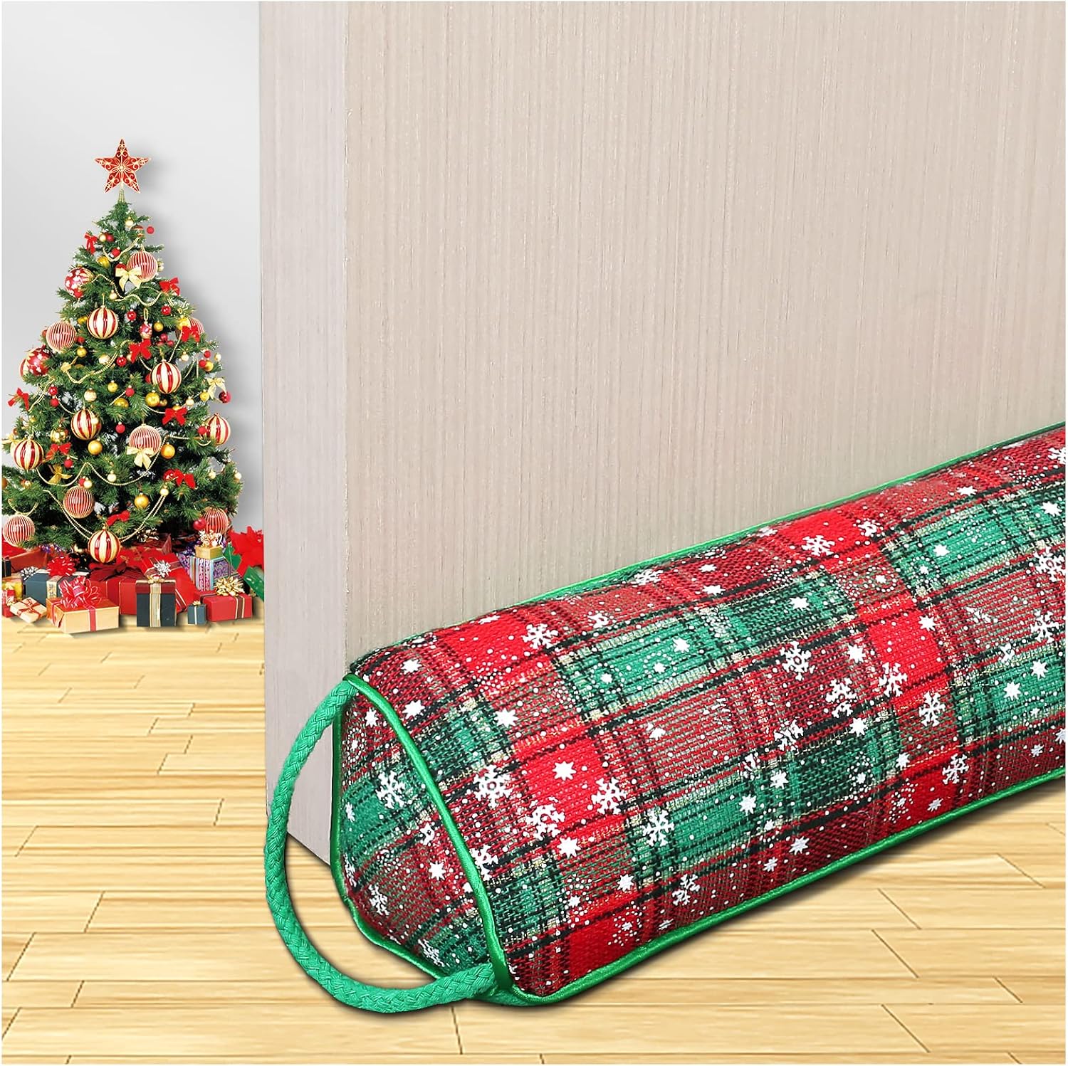 Draft Stoppers - Triangle Under Door Draft Stopper Noise Blocker 32 Inches for Door Bottom Air Seal Insulation and Soundproof, Heavy Duty Weather Guard Snake Stripping, Tartan Check Green and Snowflake