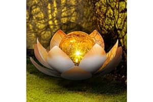 Huaxu Solar Powered Garden Lights, Outdoor Decorative Lotus Art Cracked Glass Ball Metal Waterproof Light for Pathway, Lawn, Patio, Yard