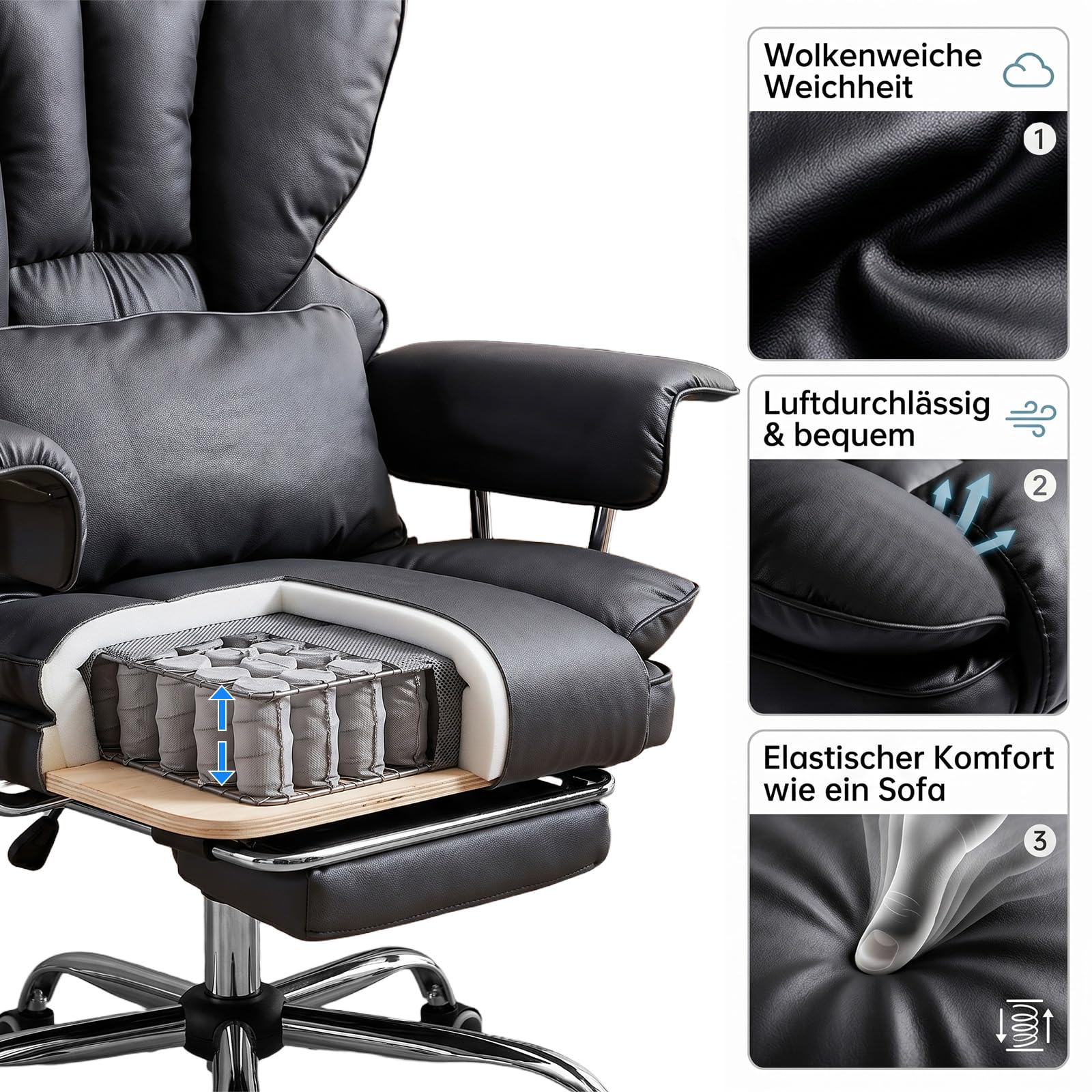 Ergonomischer Chefsessel Bürostuhl Gaming Stuhl Hochlehner mit Fußstütze &verstellb. Lendenstütze, 200 kg belastbar, Extra breiter Sitz,90°–135° Rückenlehne, Polsterung, Modern Büro/Homeoffice,Schwarz 5