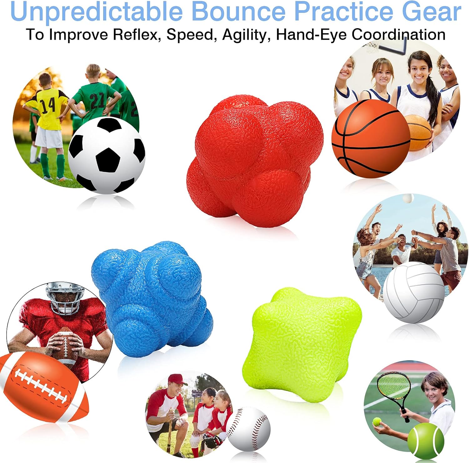 3 Pieces Reaction Balls Bounce Reaction Ball Rubber Reaction Ball Different Level Reaction Ball for Agility Reflex, Coordination Training, Hand-Eye Coordination, Blue, Red and Yellow : Sports & Outdoors