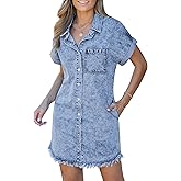 luvamia Denim Dress for Women Button Down Short Sleeves Casual Summer Jean Shirt Dresses with Pockets Frayed Hem
