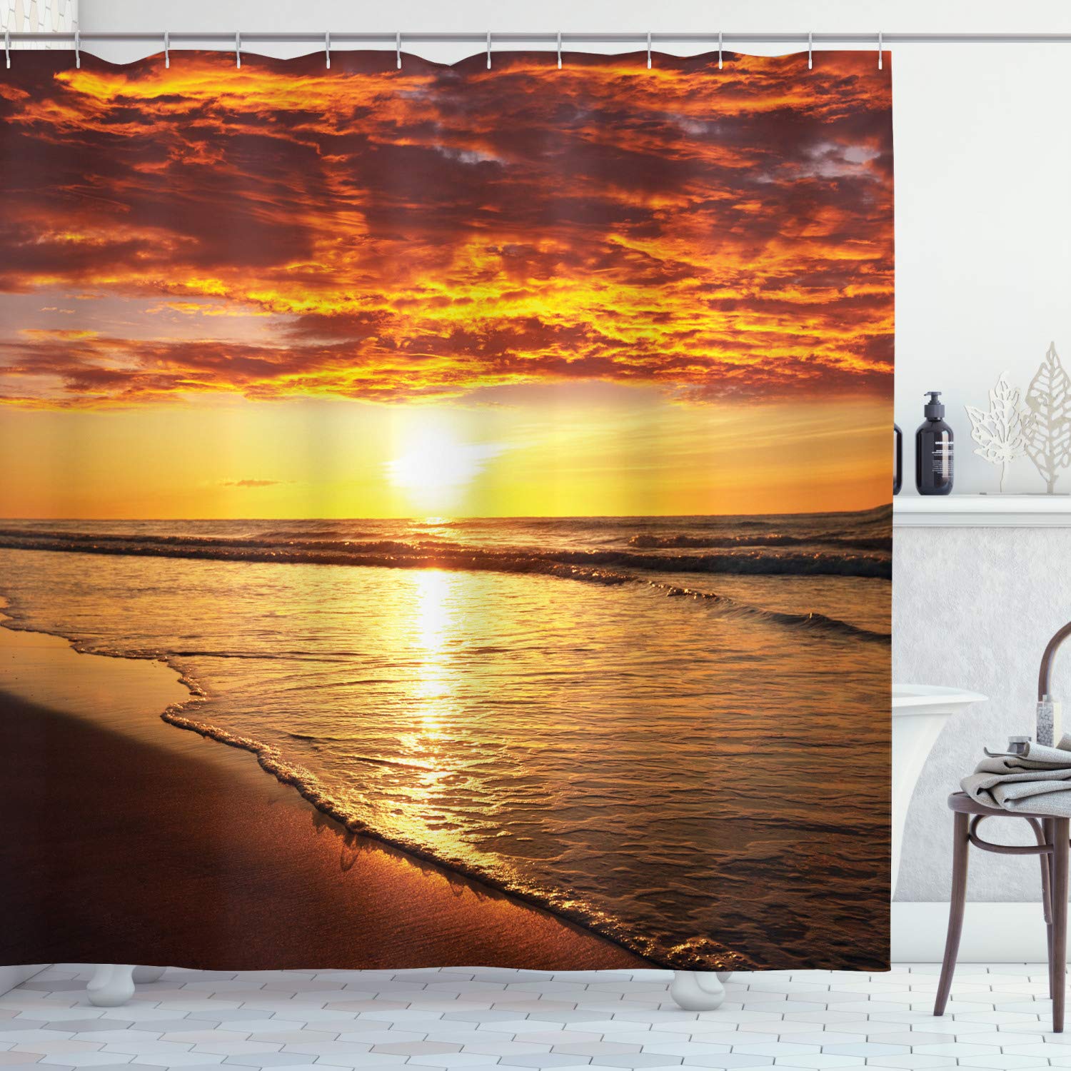 ABAKUHAUS Hawaiian Shower Curtain, Dramatic Sunset Scenery Calm Exotic Beach Ocean Waves Coastal View, Cloth Fabric Bathroom Decor Set with Hooks, 86 Inches Extra Long, Dark Orange Orange