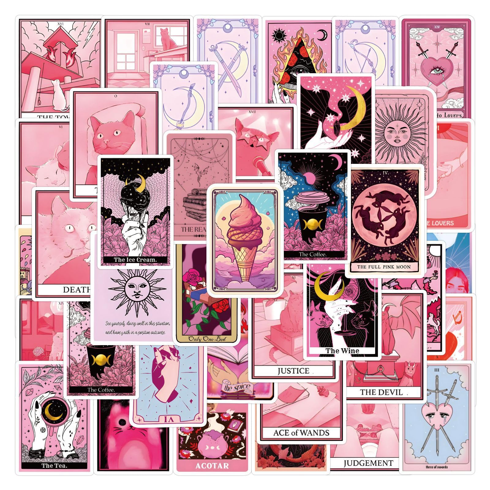 55Pcs Pink Tarot Stickers Laptop Car Scrapbook Phone Skateboard Suitcase Luggage Bike Tarot Stickers Vinyl Waterproof Aesthetic Personalised Stickers for Teens Boys Girls Adults Children