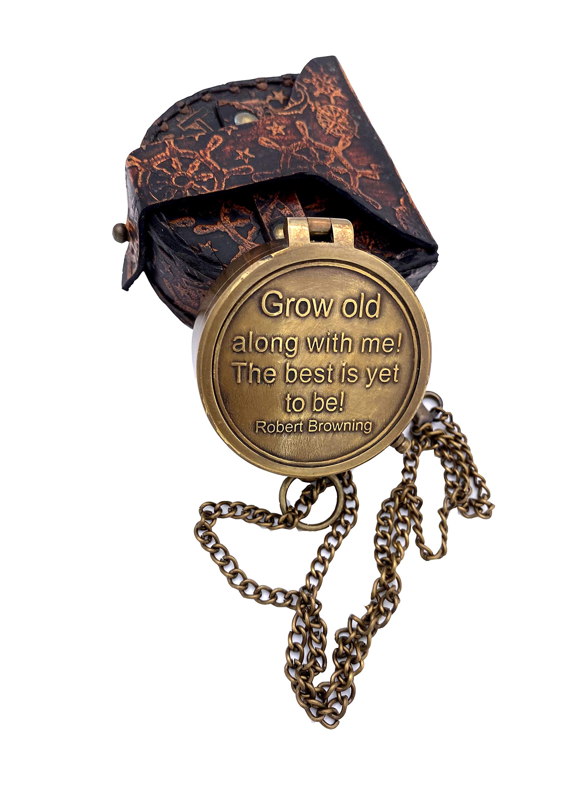 Handmade Grow Old Along with Me Sundial Compass – Brass Clock With Leather Case – Unique Wedding, Retirement, Valentine's Gift for Him or Her