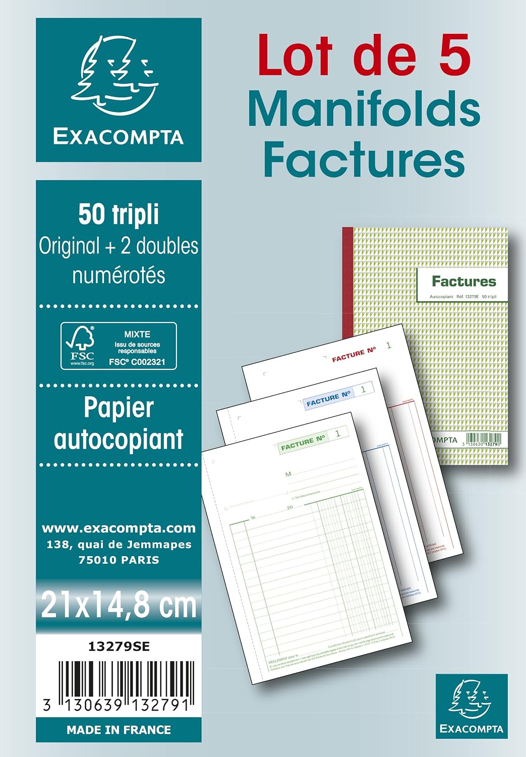 Exacompta, Ref 13279SE, Manifolds Invoices (50 Sheets), A5 (210 x 148mm) in Size, Carbonless Duplicate Sheets