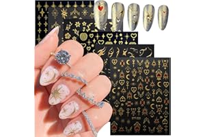 Vezocim Gold Nail Art Stickers, Sun Moon Stars Heart Line Flower Nail Self-Adhesive Sticker Design, 3D Gold Nail Transfer Decals for Women Girls Manicure Charms Decorations, DIY Nail Art Decal