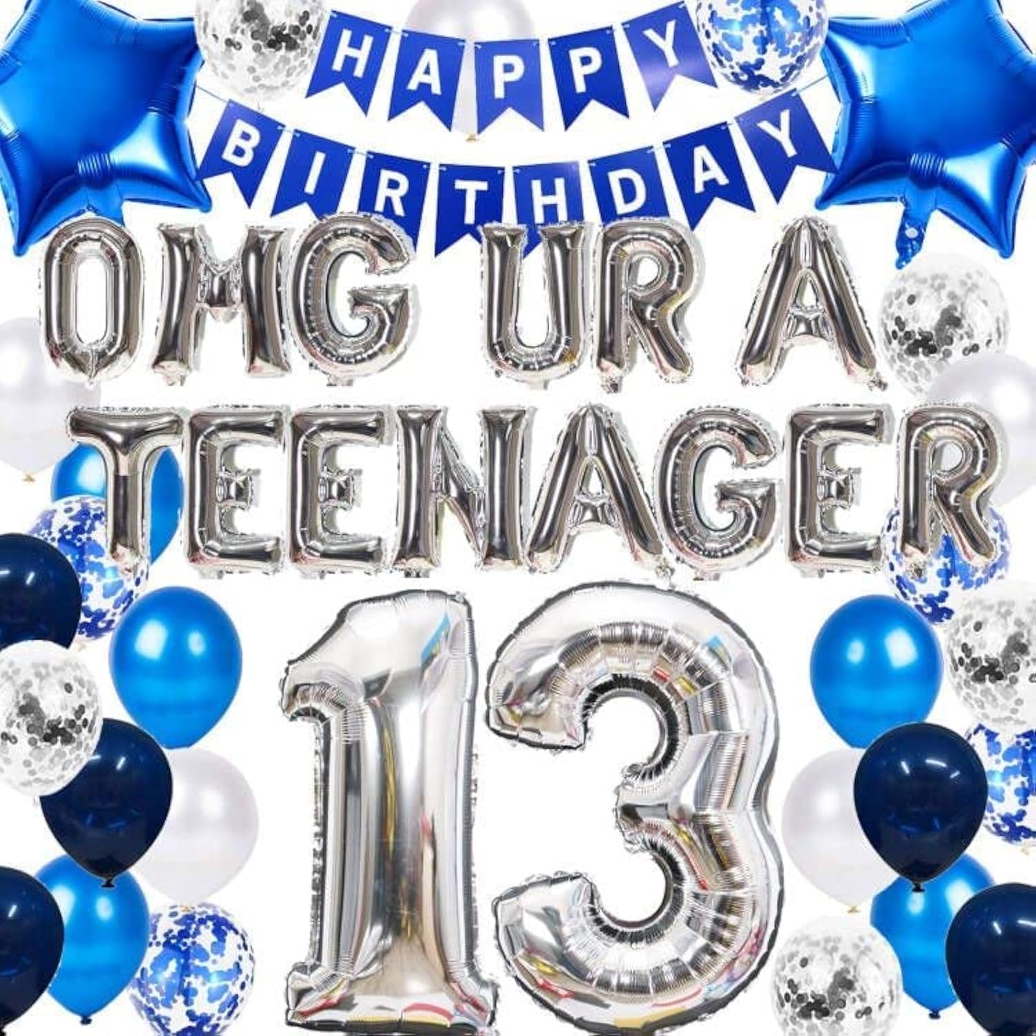 13th Birthday Decorations Blue for Boys, OMG UR A Teenager 13th Birthday Decoration,13 Banner Number 13 Star Foil Balloons with Confetti Balloons for 13 Year Old Birthday Boys