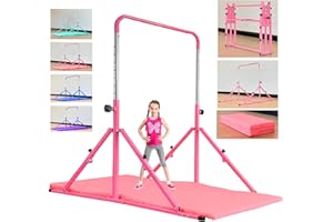 MARFULA Foldable Gymnastic Bar for Kids Ages 3-12, 9 Height Levels, 200 lbs Weight Capacity, 5 Ft Length Gymnastic Kip Bar with Mat, Gymnastic Equipment for Home and Gym Center Indoor Outdoor Use