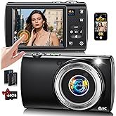 8K Digital Camera for Photography, 2026 Latest WiFi 88MP Vlogging Camera for YouTube with Dual Lens, Touch Screen, Autofocus Anti-Shake, 16X Zoom, Compact Travel Camera, 64GB Card, 2 Batteries, Black