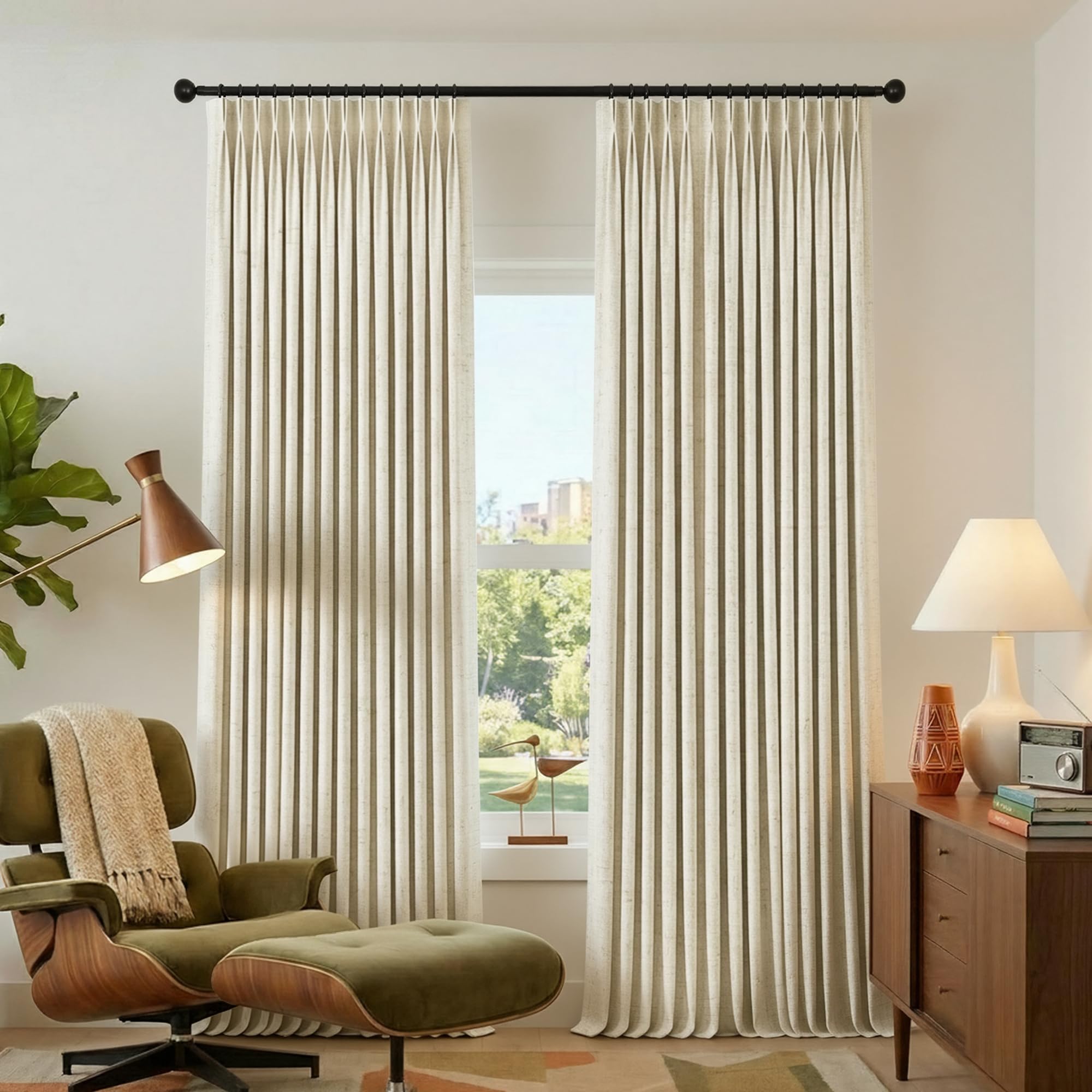 Photo 1 of Tan Beige Linen Blackout Curtains 96 Inch Long 2 Panel Set, Warm Vanilla Almond Mid Century Modern Pinch Pleated Black Out Noise Reducing Drapes for Bedroom Living Room to Match Brown Couch