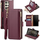 Antsturdy Compatible with Samsung Galaxy S25 Ultra Wallet Case with Card Holder,PU Leather Phone Case Flip Protective Cover RFID Blocking Wrist Strap Credit Card Slots Kickstand Men Women,Wine Red