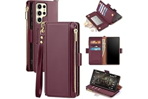 Antsturdy Compatible with Samsung Galaxy S25 Ultra Wallet Case with Card Holder,PU Leather Phone Case Flip Protective Cover RFID Blocking Wrist Strap Credit Card Slots Kickstand Men Women,Wine Red