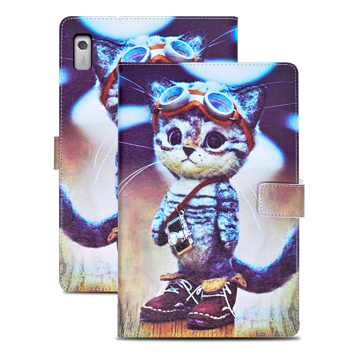 Rostsant Lenovo Tab M9 2023 9 Inch Case - PU Leather Magnetic Stand Function Cover - Lenovo M9 TB-310FU - Card Slots Wallet Tablet Case - Adventure Cat