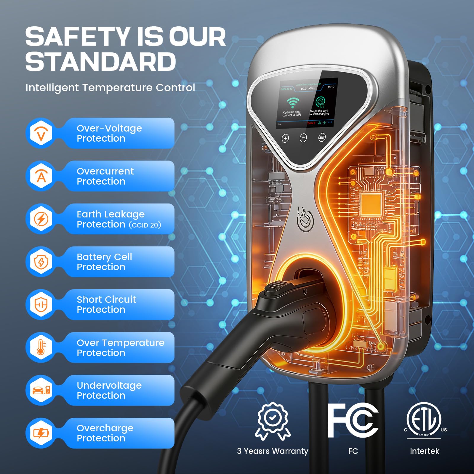 Level 2 EV Charger 50 Amp Hardwired, 48 Miles Range/Hour Smart Electric Vehicle Charging Station with WiFi App, 25ft Cable, RFID & LCD Display, J1772 & Tesla Adapter, 120V Indoor/Outdoor