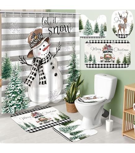 APROPHIC 4-Piece Vintage Christmas Shower Curtain Set - Snowman Bath Mat, Rug, Lid Cover & Curtain