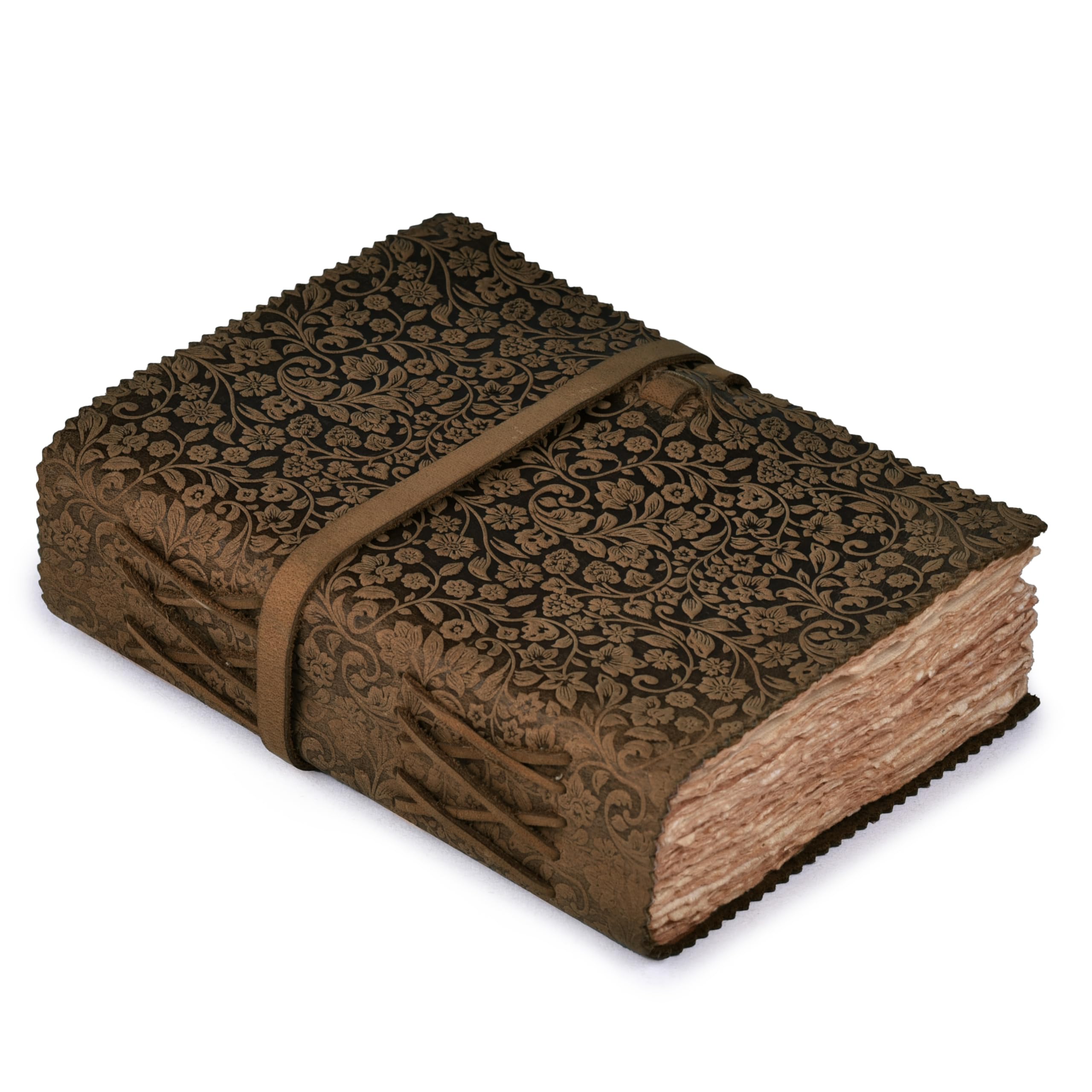 LEATHER VILLAGE Leather Bound Floral Embossed Journal for Women Men - 200 Pages, 6”X4”(A6), Brown - Book of Shadows, Vintage Blank Paper Travel Diary, Notebook for Writing, Drawing, Sketchbook
