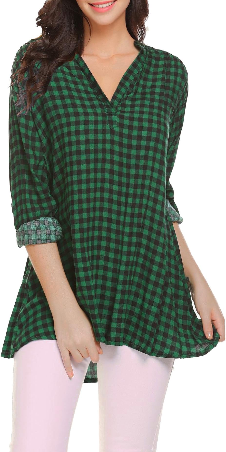 Oyamiki Women's Plus Size Casual Cuffed Long Sleeve Plaid Shirt V-Neck Blouses