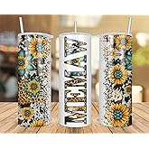 QPTADesignGift Memaw Sunflower Turquoise Gemstone And Leopard - Memaw Skinny Tumbler Cowhide Distressed Tumbler - Western Tumbler 20Oz White