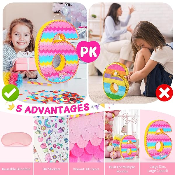 NUMBER 5 PINATA FOR BIRTHDAY PARTY DECORATIONS, UNICORN MERMAID THEME PINK PIÑATA GAMES TOY (5TH)