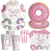 APOWBLS Donut Two Sweet Birthday Plates And Napkins Party Supplies Girls - Pink Donut 2nd Birthday Decorations Tableware, Paper Plate, Cup, Napkin, Fork | Serves 24