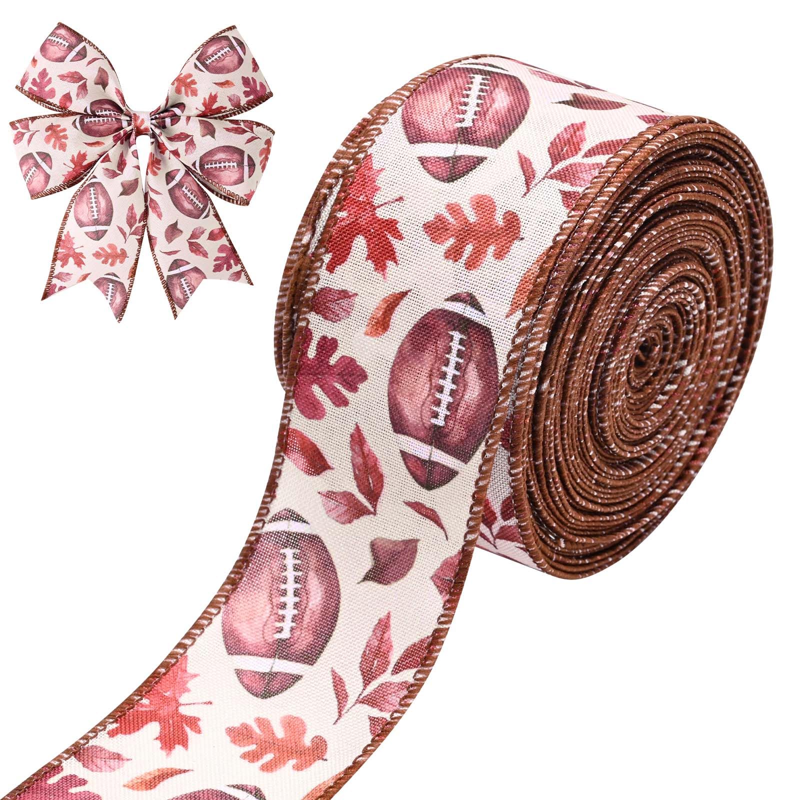 Photo 1 of 10 Yards Fall Wired Edge Ribbon Football Autumn Leaves Beige Burlap Ribbon for Super Bowl Wreath Bow Gift Wrapping Football Party Decoration