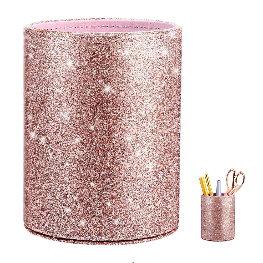 LWZko Pencil Cup, Makeup Brush Holder, Makeup Brush Storage Cup, PU Glitter Pen Holder, PU Glitter Pink Women Girls Pencil Cup Holder for Desk, Office, School, Home