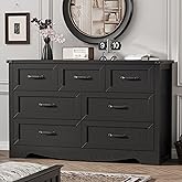 Dresser for Bedroom with 7 Drawers, 58" Wide Wood Chest of Drawers with Deep Drawers & Mental Handle, Modern Dresser TV Stand, Wooden Closet Storage Organizer for Living Room, Hallway, Entryway, Black