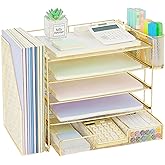 OPNICE Desk Organizer, 5-Tier Paper File Organizer with Drawer & Pen Holder, Office Desk Accessories, Workspace Desktop Organizer for Office Supplies(Gold)