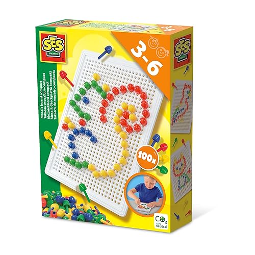 SES Creative Mosaic Board Compact – 100 Colourful Pins, Reusable Peg Set for Toddlers & Kids Age 3+, Fine Motor Skill Toy for Early Learning