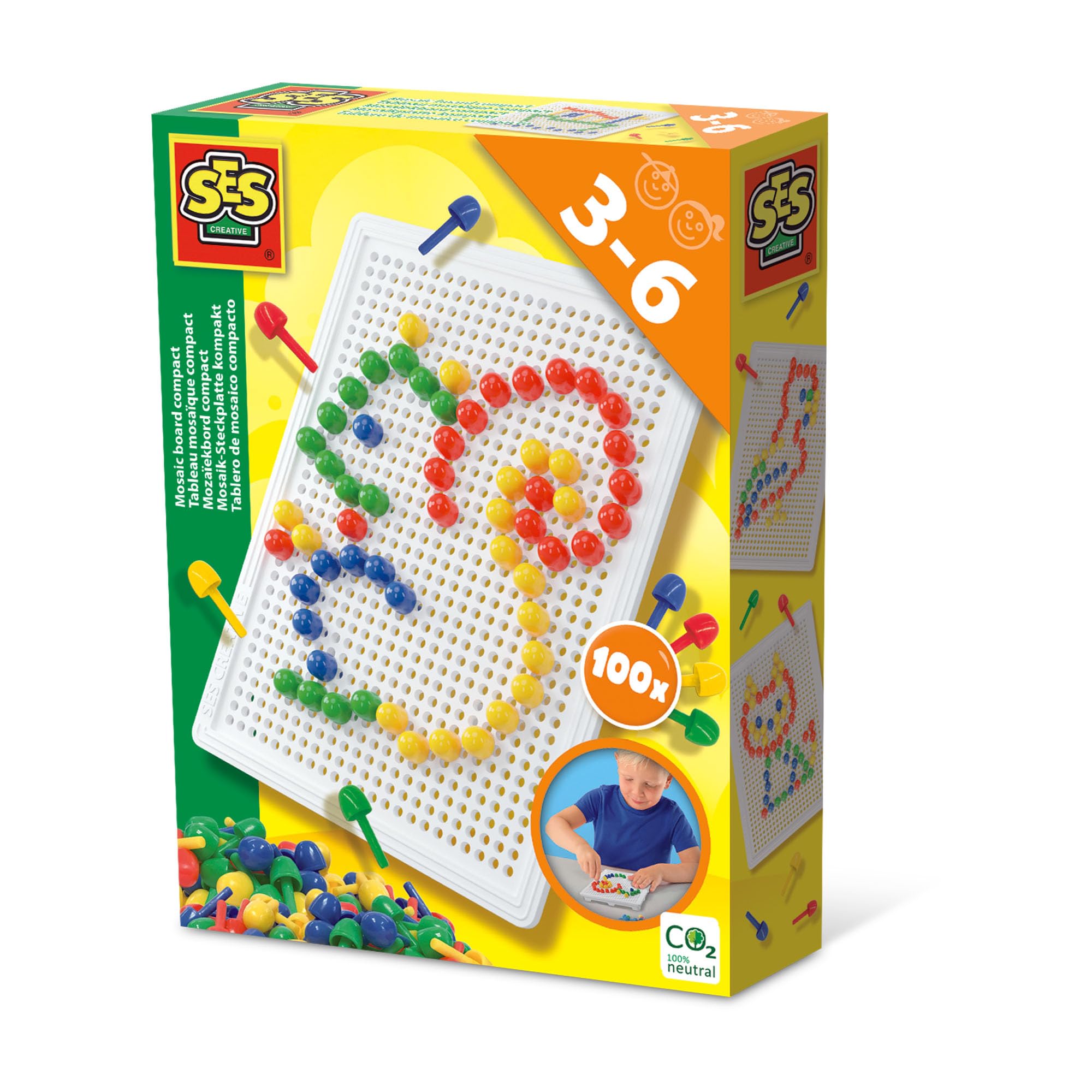 SES Creative Mosaic Board Compact – 100 Colourful Pins, Reusable Peg Set for Toddlers & Kids Age 3+, Fine Motor Skill Toy for Early Learning