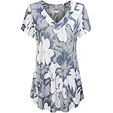 MOQIVGI Womens V Neck Short Sleeve Floral Print Blouse Tops Fashion Casual Tunic Shirts