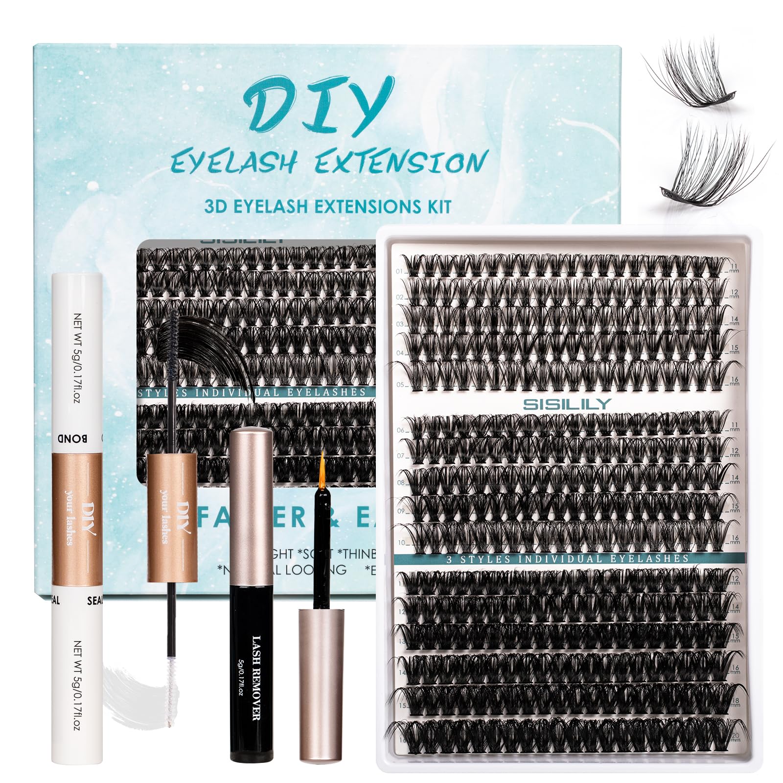 SISILILY 320pcs Individual Eyelashes Kit-40D+50D+100D Eyelash Extension with Bond and Seal-Lash Clusters DIY False Eyelashes Mega Cluster Lashes with Lash Remover and Tweezers C D Curl-11mm-20mm Mix — image 1