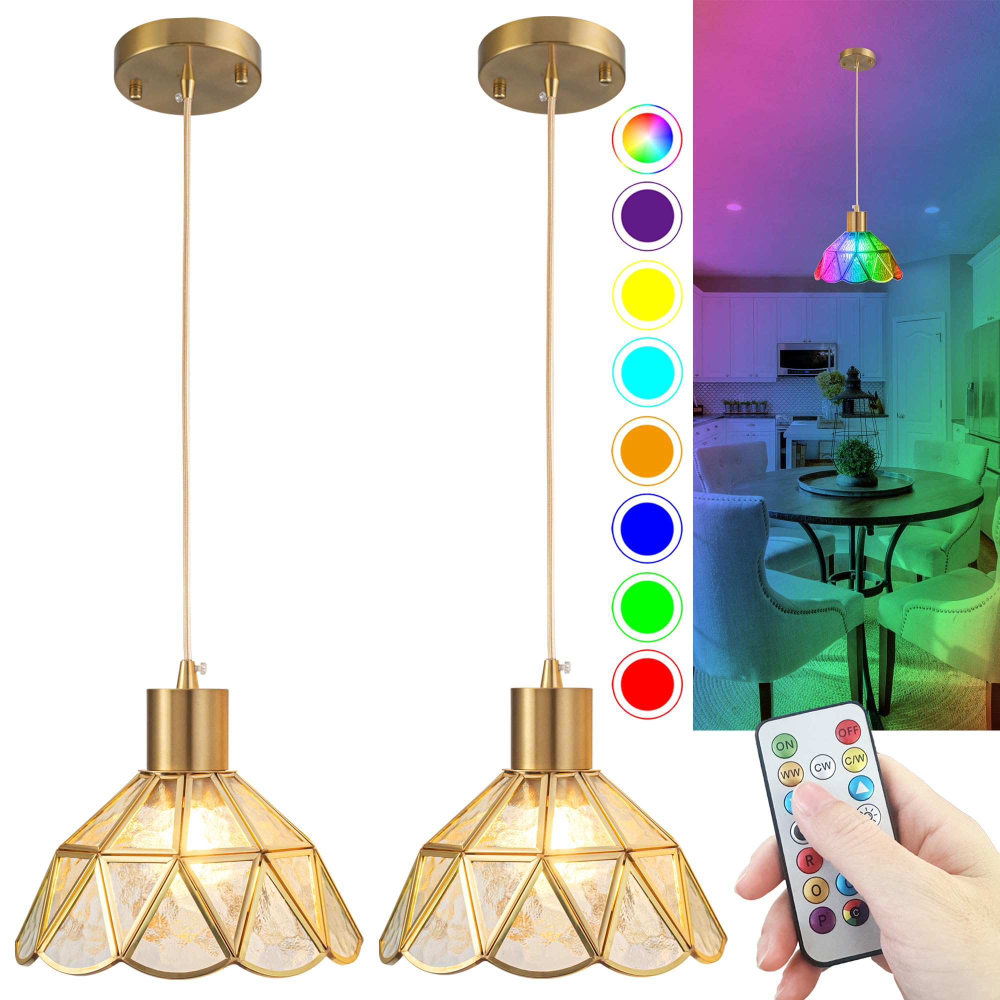 Photo 1 of 2-PACK Battery Operated Pendant Light-Brass Art Glass Shade Hanging Light No Wiring,Rechargeable Light Bulbs With Remote-50+Hours Battery Life For Indoor Wireless Kitchen Lighting ( Color : Transparen