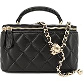 M-ioi-M Small Mini Quilted Lambskin Vanity Purse Crossbody Bag for Women | Soft quilted lambskin leather vanity case with top handle and chain strap for crossbody, shoulder or evening wear
