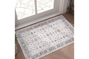 jinchan Area Rug 2x3 Entryway Doormat Vintage Traditional Rug Kitchen Floor Cover Thin Carpet Distressed Floral Print Indoor Mat for Bathroom Bedroom Living Room Taupe