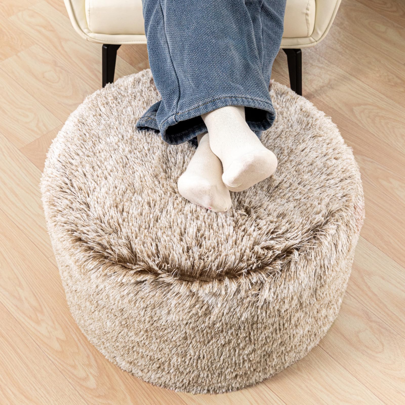 Photo 1 of AbunHeri Stuffed Ottoman with Modern High Density Foam Faux Fur Pouf Stool Round Foot Stool Cushion Storage Ottoman 20 * 12''Floor Pouf Ottoman Foot Rest for Living Room (Snow Coffee)