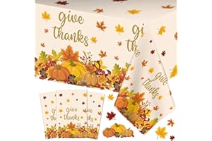 PERFQU 3 Pcs Thanksgiving Tablecloth - Give Thanks Plastic Table Cloth Disposable Rectangular Fall Pumpkin Maple Leaves Table Cover for Thanksgiving Day Party Decorations Tables Decor Supplies,108 x 54 Inch