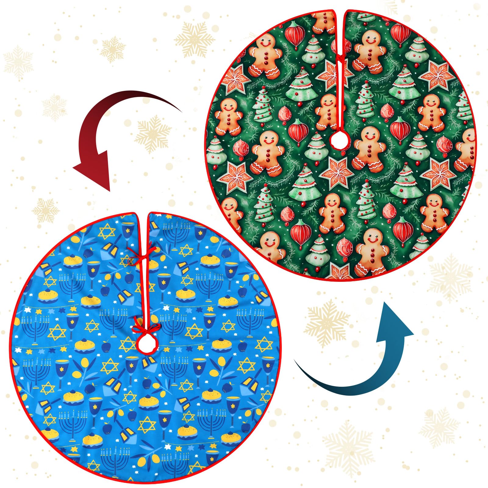 Photo 1 of Arrowbash Reversible Christmas Hanukkah Tree Skirt 36 Inch Xmas Holiday Winter Christmas Chanukah Menorah Tree Mat with Gingerbread Cookies Dessert Pattern for Holiday Party Indoor Outdoor Decorations