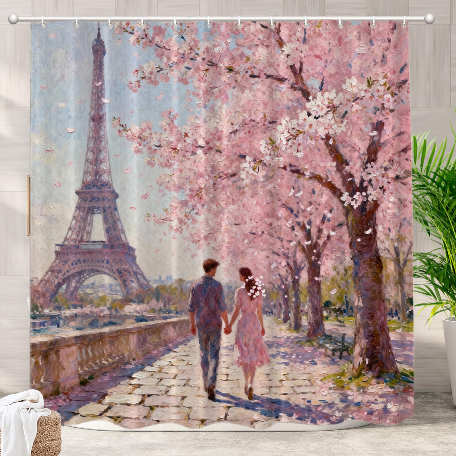 Batmerry Vacation in Europe Decor Shower Curtain,Street View of Paris Eiffel Tower Bathroom Decor Polyester Fiber Plastic Rings Quick-Drying Waterproof for Bathtubs/Bathroom, 72x72 inches