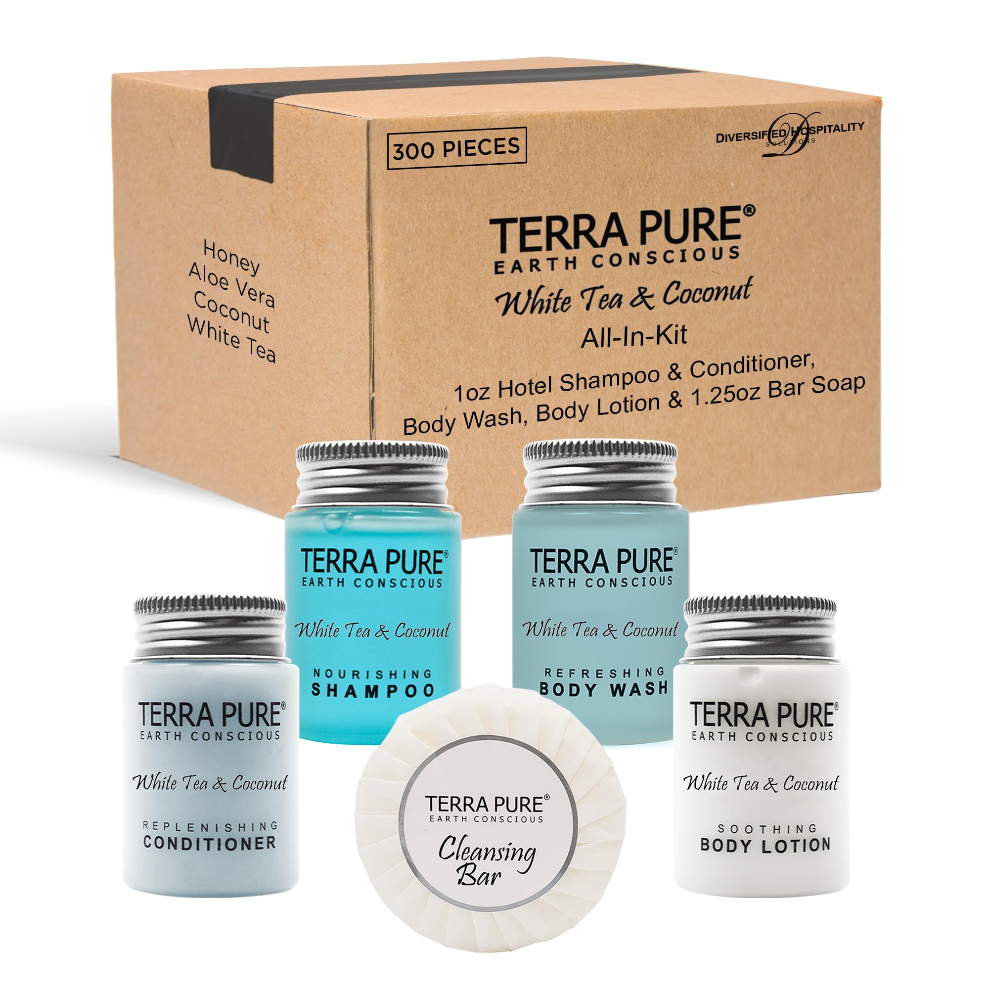 Terra Pure White Tea & Coconut Toiletries Set | 1-Shoppe Amenities Kit | 1oz Shampoo & Conditioner, Body Wash, Lotion, 1.25oz Bar Soap | Travel Size | 300 Pieces