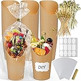 600 Pcs Charcuterie Cups with Sticks Bags Set, 100 Pcs 12 oz Individual Disposable French Fry Holder, Paper Snack Appetizer Cups Kit with 100 Bags, 100 Ties, 100 Lables, 200 Cocktail Skewers Picks
