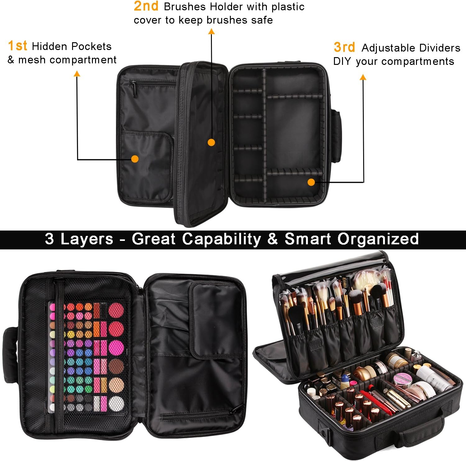 VASKER Large Makeup Case 3 Layers Makeup Bag Organizer Professional Waterproof Travel Cosmetic Case Box Portable Train Cases Black Brush Holder with Adjustable Divider Gift for Women : Beauty