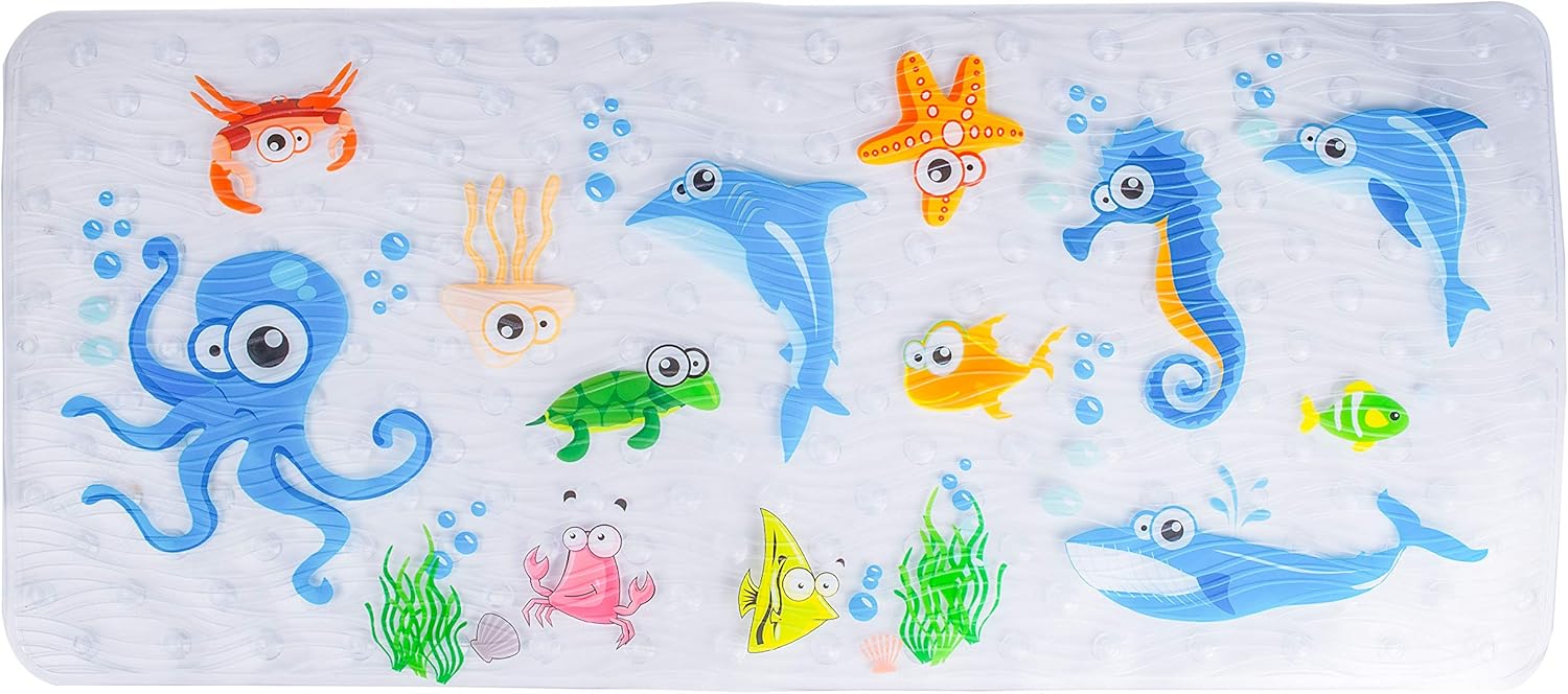 BEEHOMEE Bath Mats for Tub Kids - Large Cartoon Non-Slip Bathroom Bathtub Kid Mat for Baby Toddler Anti-Slip Shower Mats for Floor 35x16,Machine Washable XL Size Bathroom Mats (Blue-Octopus): Home & Kitchen