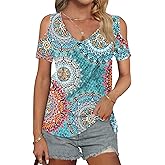AUSELILY Womens Summer T Shirts Casual Ladies V Neck Tops Short Sleeve Cold Shoulder Loose Fit Blouse