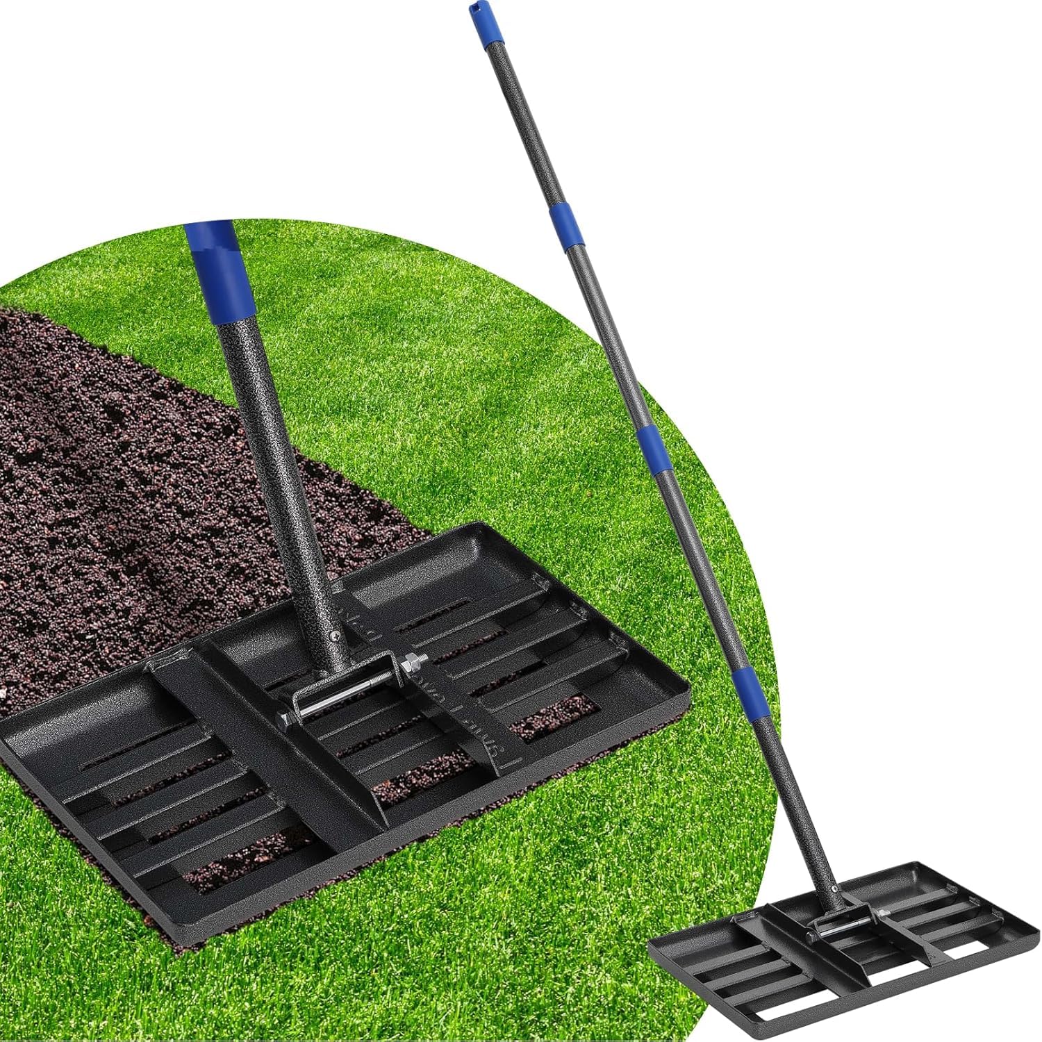 Lawn Leveling Rake, 43 x 25 cm Levelawn Tool with Effort Saving Curved Edge, 5 FT Metal Lawn Leveler Heavy Duty, Move Soil Ground Surfaces Freely, Length Adjustable Garden Rakes for Yard Golf Course
