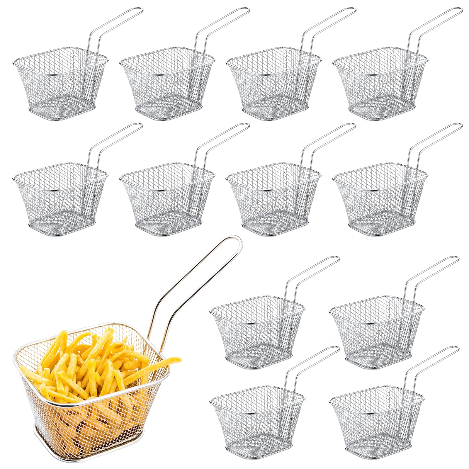 Photo 1 of JJUNW 12 Pcs Mini Square Fry Basket, Stainless Steel French Fry Holder Food Baskets with Handle, Reusable Small Deep Fryer Baskets for Kitchen Restaurant Party Cafe Barbecue (Sliver)