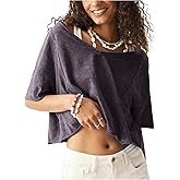SOLY HUX Women's V Neck Short Sleeve T-Shirt Summer Drop Shoulder Loose Crop Tops