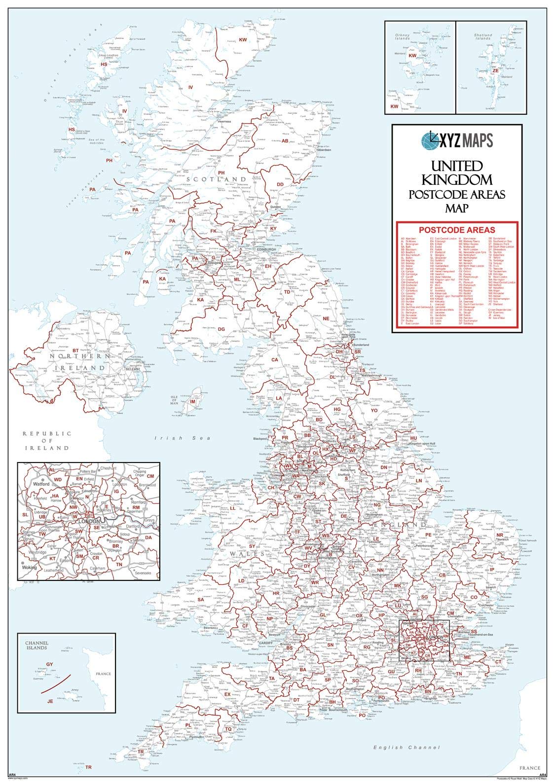 UK White Postcode Area Medium Wall Map (AR4) - 23.5" x 33.25" Laminated