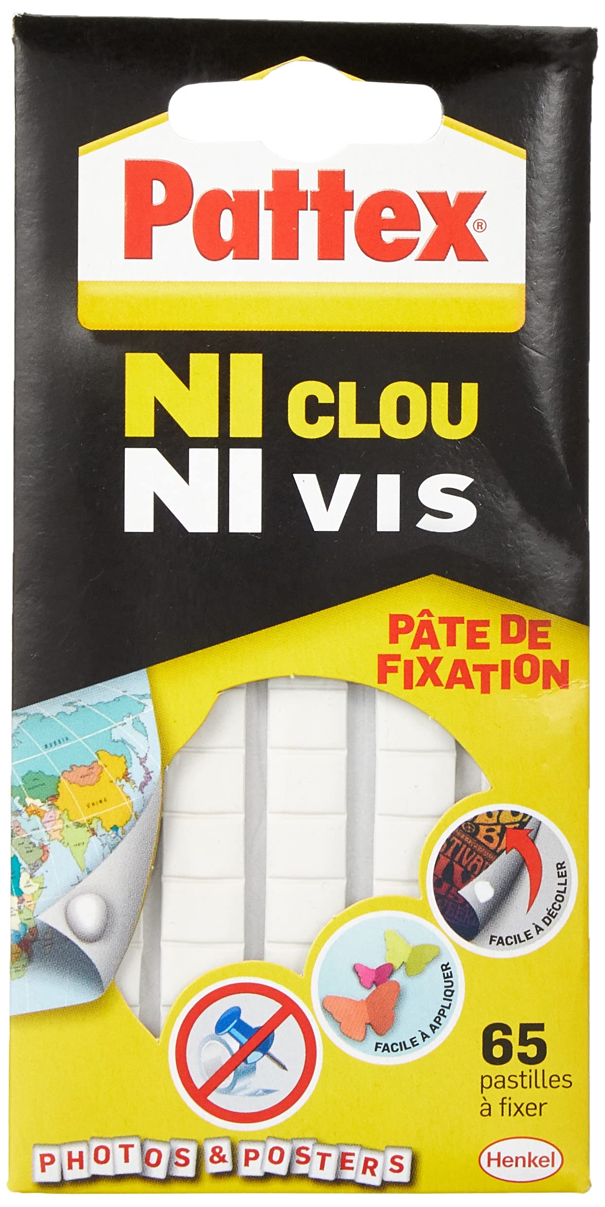 Pattex Ni Clou Ni Screw Fixing Paste White Removable Adhesive Dots Easy to Remove Pre-Cut Sticky Paste for Paper Poster Lightweight Decoration - 65 Dots
