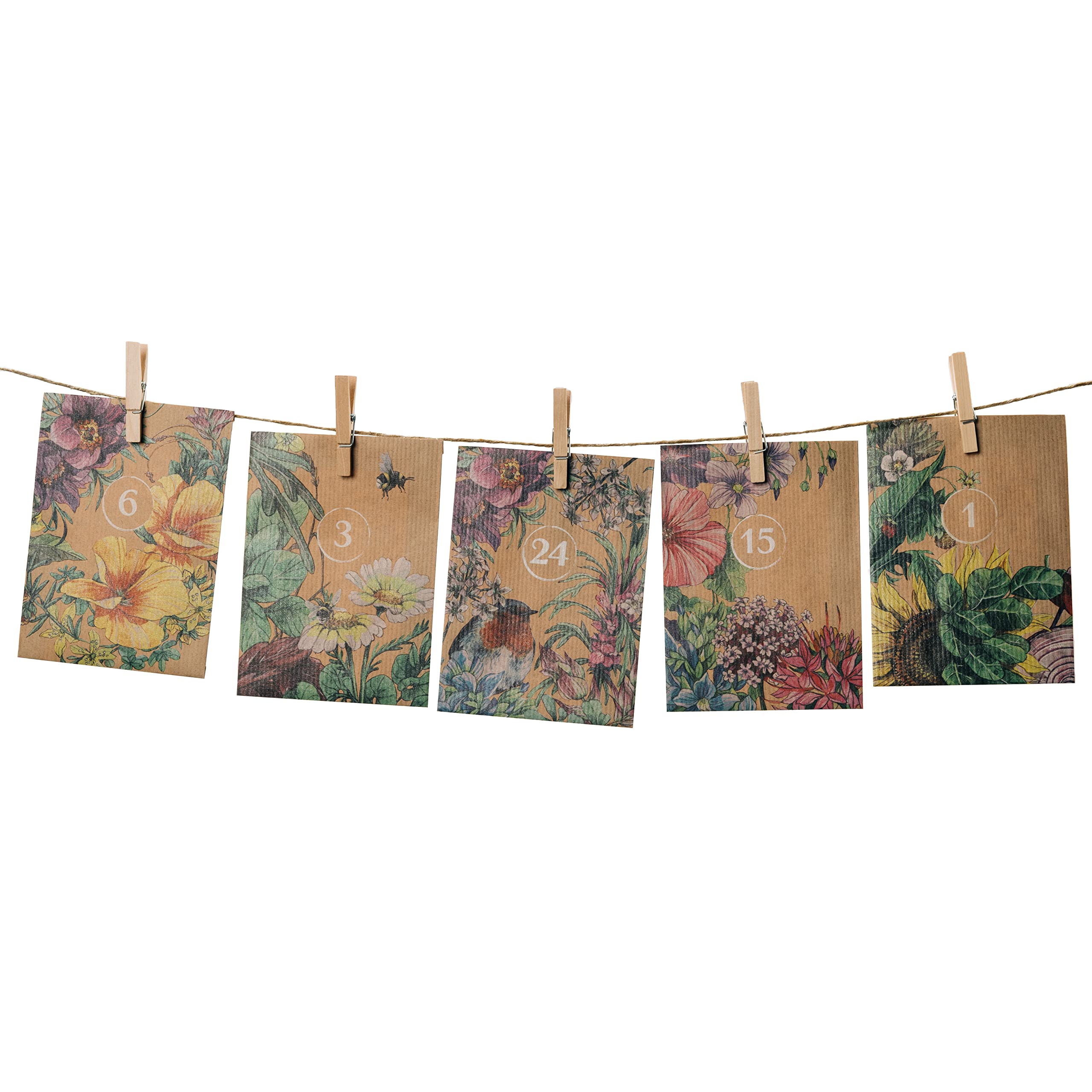 Advent Calendar Do-It-Yourself - 24 Paper Bags with String, Clothes and Nails for Hanging and self-Filling